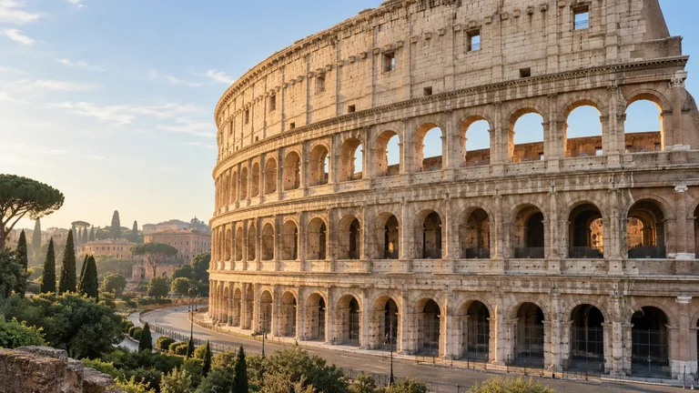 Illustration of sunlit Colosseum arches and umbrella pines in Rome.
