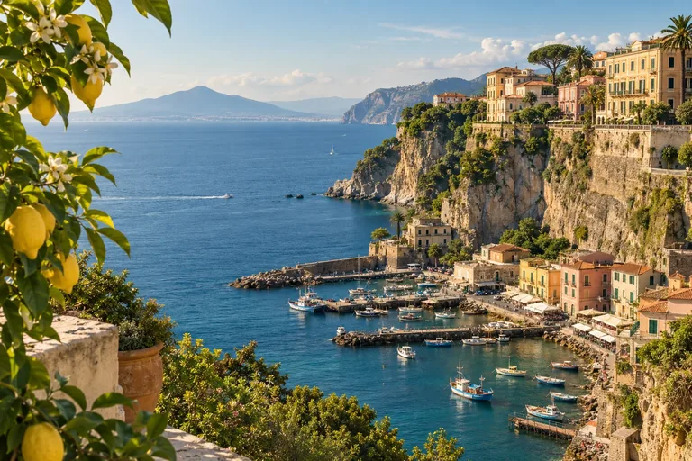 Illustration of Sorrento's cliffside waterfront and harbor, framed by lemon branches.