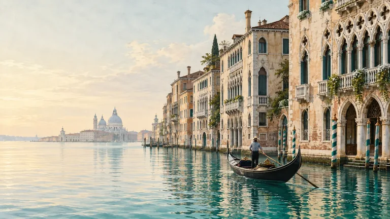 Illustration of a gondola beside Venetian palaces, with Santa Maria della Salute across the water.
