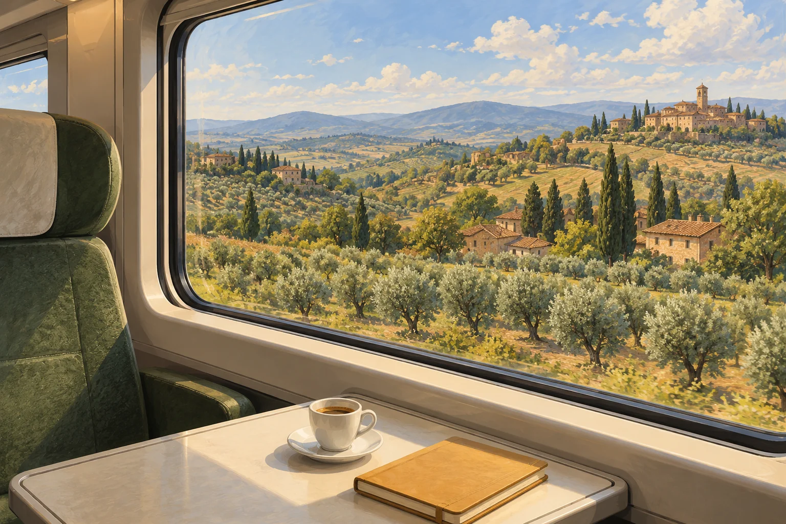 Illustration of olive groves and a hill town seen through a train window, with coffee and a notebook on the table.